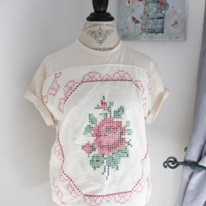 Upcycled QUILT Patch TSHIRT Cotton Short Sleeve Tee Bohemian Clothing for Women Eco Fashion Cross Stitch Rose Quilt Top image 9