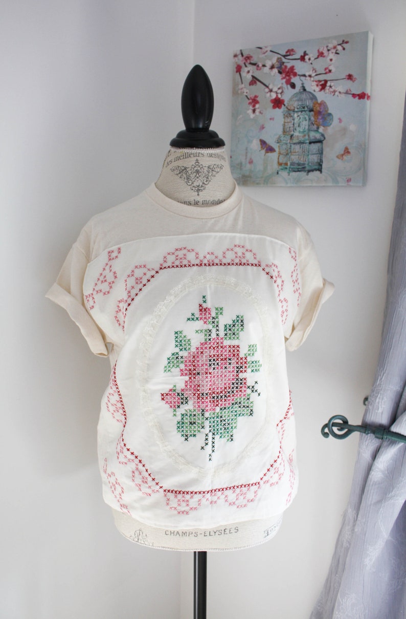Upcycled QUILT Patch TSHIRT Cotton Short Sleeve Tee Bohemian Clothing for Women Eco Fashion Cross Stitch Rose Quilt Top image 9