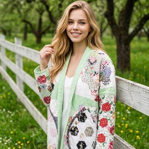 Upcycled Quilted Jacket, Grandma's Flower Garden Chore Coat: Bohemian Fashion