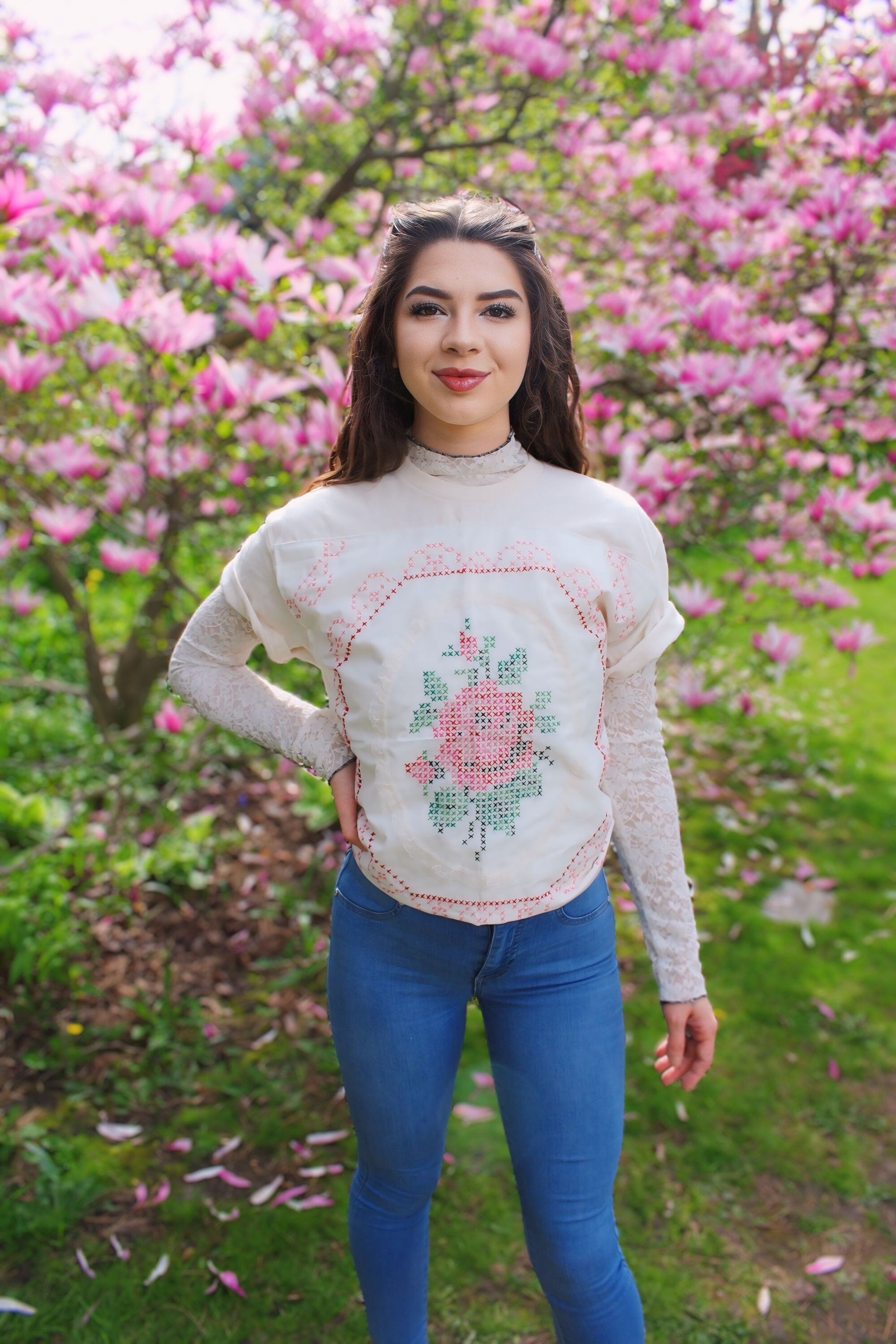 Embroidered Floral Patchwork T-shirt: Upcycled Quilt Top