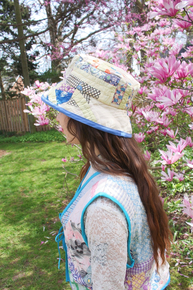 Vintage PATCHWORK BUCKET HAT Antique 1900's Quilt Hat Bohemian UpCycled Fashion Womens Birthday Gift Cottagecore Beach Hat image 9