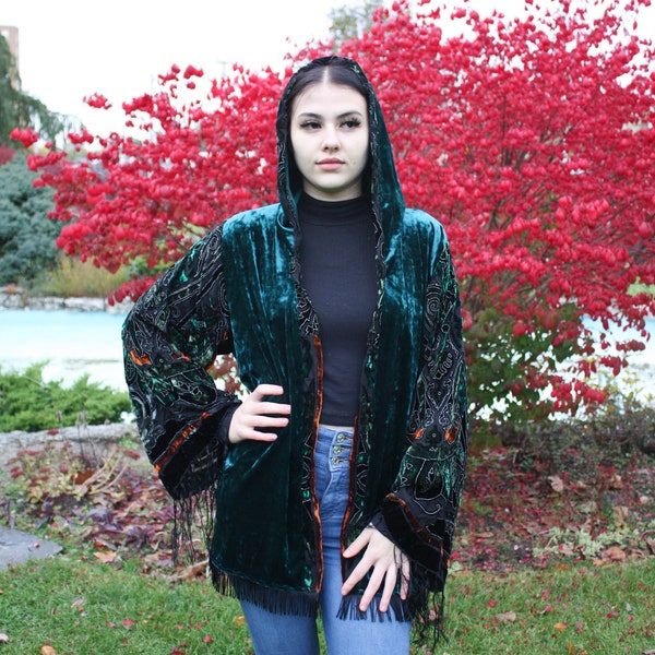 Forest GREEN HOODED KIMONO Altered Couture Burnout Crushed Velvet Duster Hippie Boho Goth
