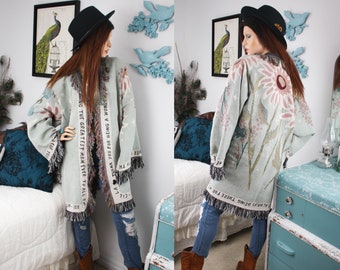 RETRO Daisy Tapestry JACKET | UpCycled Fringe CARDIGAN | Mothers Day Cottagecore Kimono | Bohemian Clothing | Womens Gift | Mom Gift