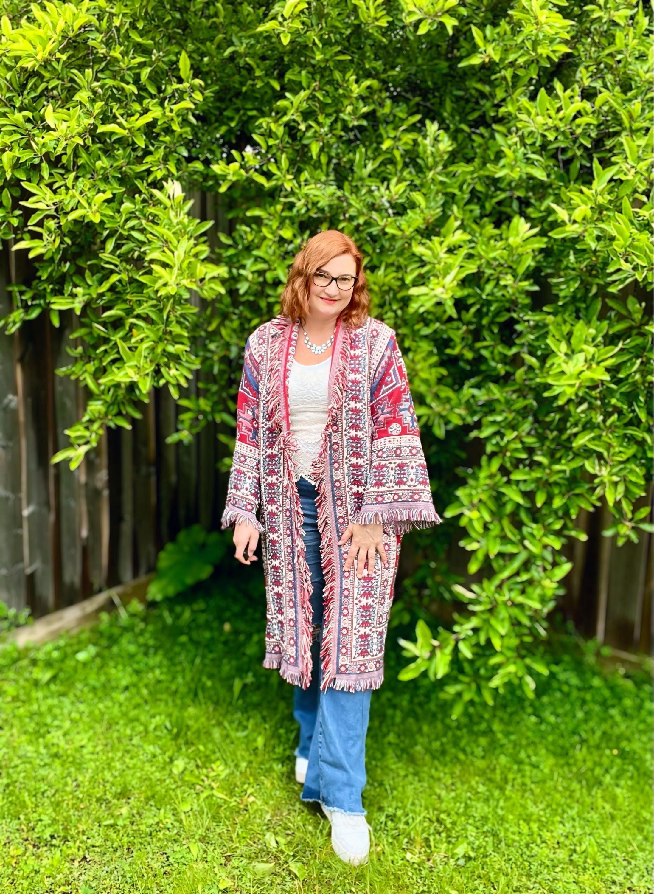 TAPESTRY JACKET: Upcycled Navajo Geometric Coat, Vintage Southwestern Kimono, Ethnic Festival Boho Eco-Fashion