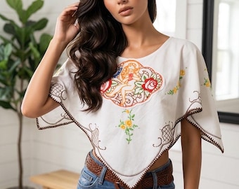 Unique Upcycled Cotton Angelcore Blouse Vintage Embroidery SHAWL Sleeves Boho Festival Cottagecore
