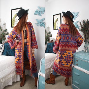 Tapestry Kimono Jacket Southwestern Navajo Print Fringe Coat Upcycled Bohemian Festival Cottagecore Outerwear