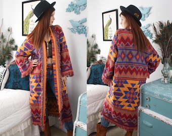 Tapestry Kimono Jacket Southwestern Navajo Print Fringe Coat Upcycled Bohemian Festival Cottagecore Outerwear