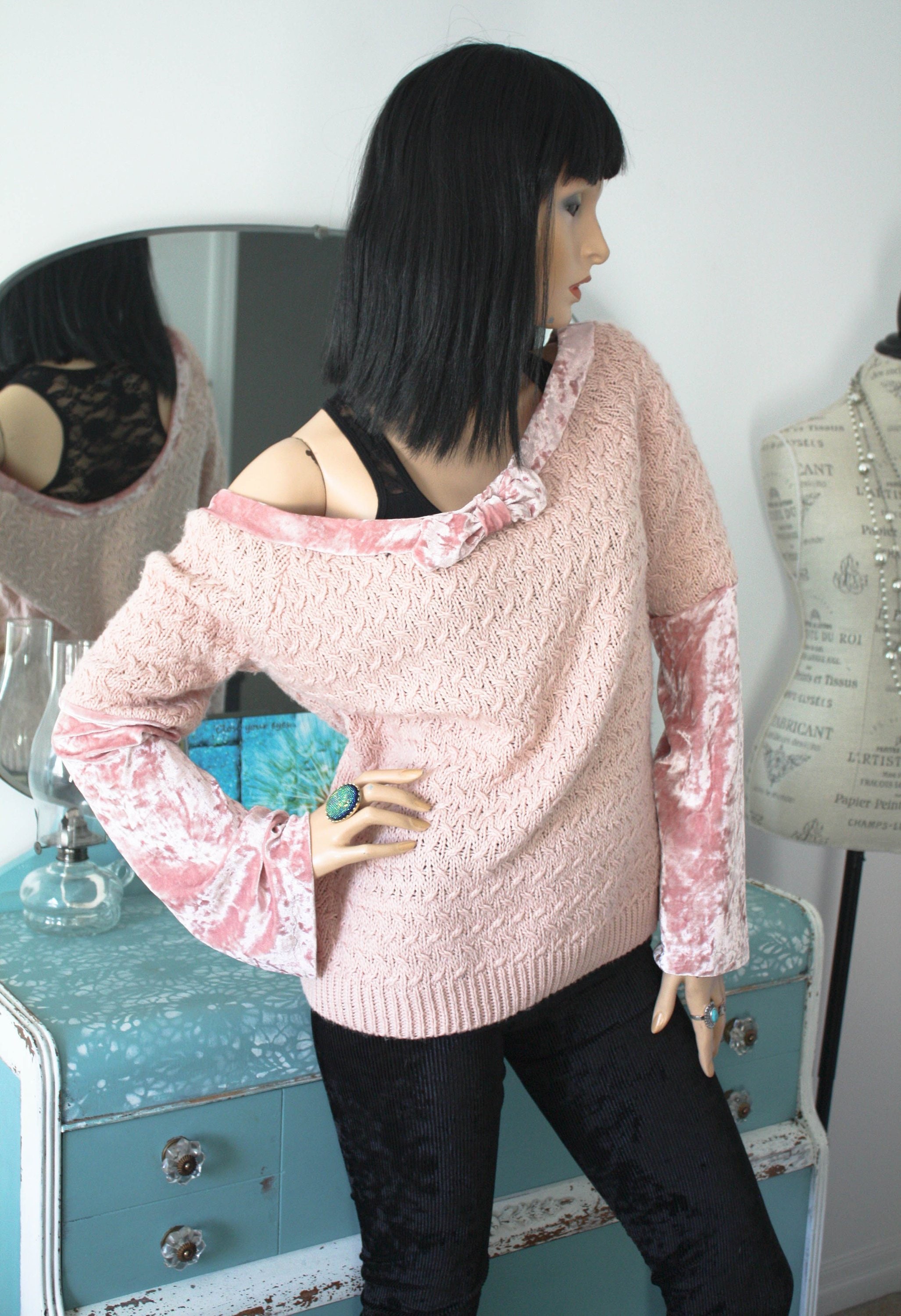 PINK BOW off the Shoulder SWEATER Velvet Upcycle Size Large -  Israel