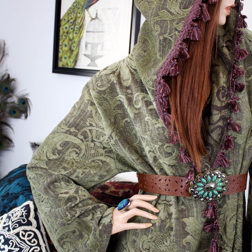 Long Moss Green Medieval HOODED TAPESTRY ROBE Bell Fringe Kimono, Vintage shops Retro Jacket, UpCycled Blanket Womens Eco Fashion Cloak size Large