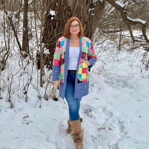 Quilted Denim Jacket Bohemian Patchwork Kimono Upcycled Cottagecore Chore Coat Festival Clothing