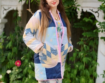 1940年代の美しい緑と白のヴィンテージ「おばあちゃんの花園」キルト