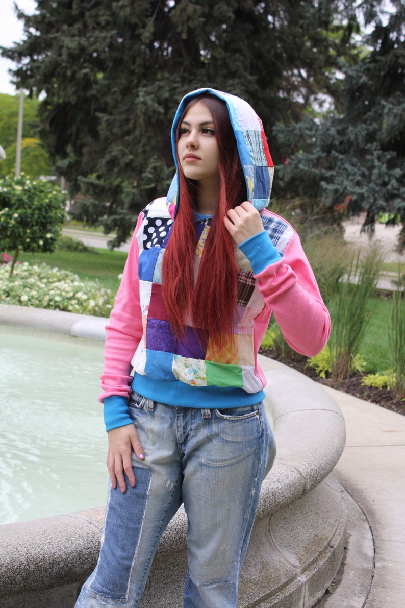 QUILTED PATCHWORK HOODIE UpCycle Eco Fashion Hippie Crop Sweater image 2