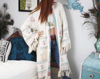 Upcycled Boho Tapestry Fringe Jacket, Cottagecore Handmade Cotton Blanket Jacket, Vintage Eco Fashion Gift