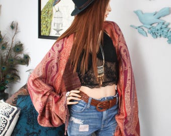 Upcycled Bohemian Kimono Shrug: Ethnic Print Fringe Cover Up