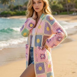 Pastel Pink Upcycled Granny Square Crochet Kimono Cardigan, Boho Cottagecore Wrap Jacket, One Size XL Bell Sleeve Duster