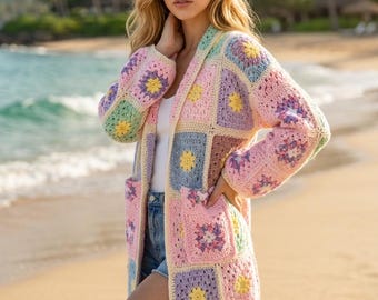 Pastel Pink Upcycled Granny Square Crochet Kimono Cardigan, Boho Cottagecore Jacket, One Size XL