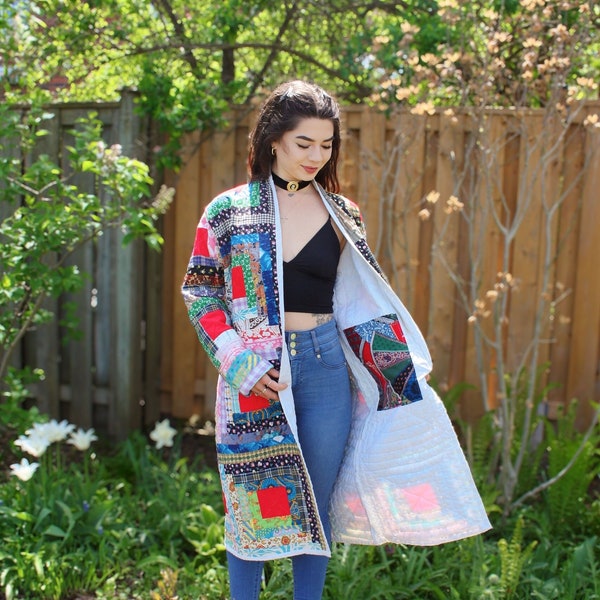 Antique QUILTED JACKET | Log Cabin Quilt Coat | UpCycled Patchwork Quilted Kimono | Bohemian Eco Fashion | Cottagecore | Handmade clothing