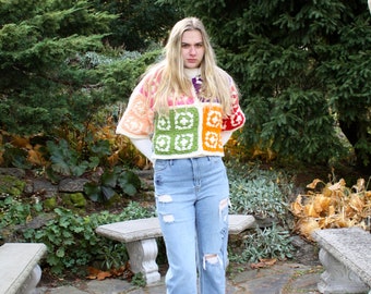 UpCycled GRANNY SQUARE SWEATER | Reversible Chunky Crop Sweater | Eco Fashion | Cottagecore Bohemian Clothing | Womens Rainbow sweater