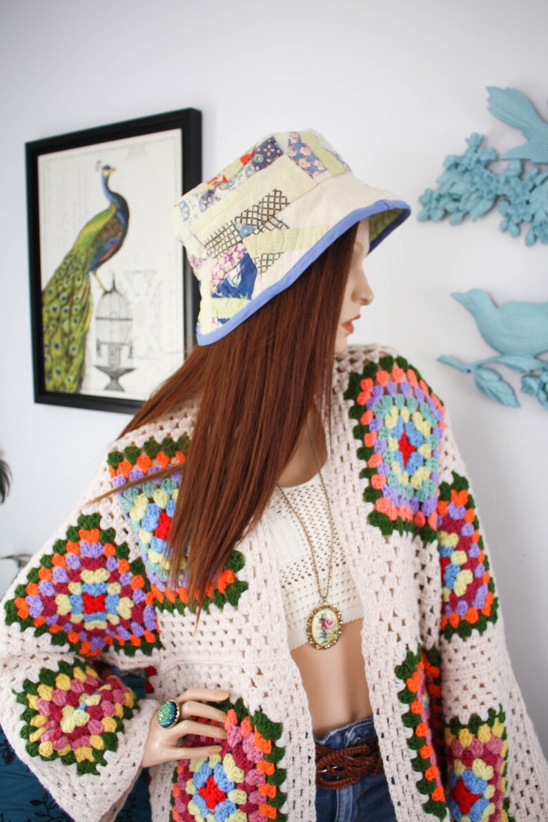 Vintage PATCHWORK BUCKET HAT Antique 1900's Quilt Hat Bohemian UpCycled Fashion Womens Birthday Gift Cottagecore Beach Hat image 6