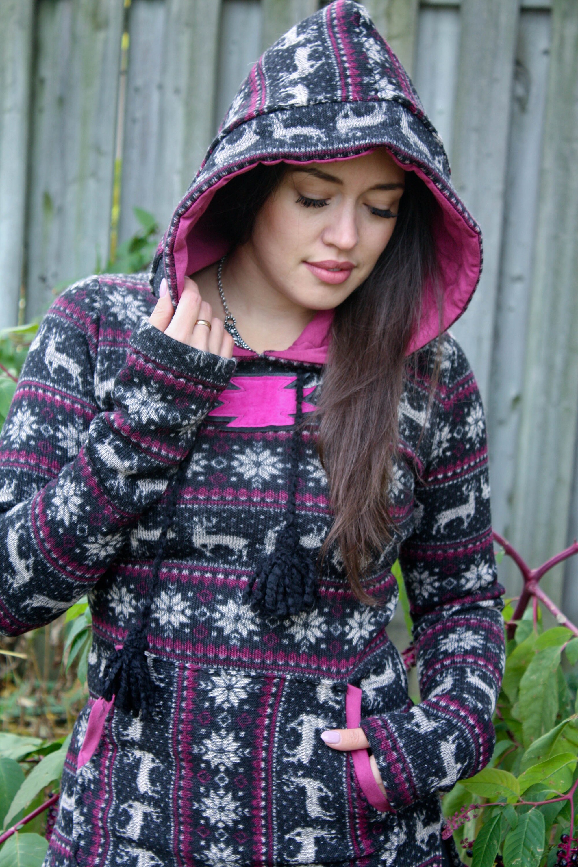 NAVAJO Warm Fleece Hoodie Tassel pom pom Sweater Leather | Etsy