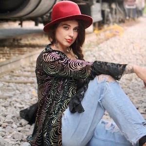 VELVET KIMONO, Iridescent Jacket Grunge Gothic Duster, Festival Rave Upcycled Women&#39;s Ethical Fashion