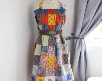 PATCHWORK QUILTED Dress, Upcycled Prairie Denim SKIRT, Floral Sundress, Cottagecore Summer Frock