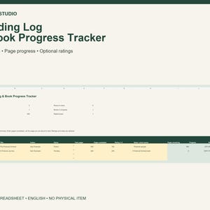 Puede incluir: Una hoja de cálculo digital de registro de lectura y seguimiento de progreso de libros de Operiq Studio. La interfaz incluye un panel para rastrear 200 libros, progreso de páginas y calificaciones, con una tabla de títulos y autores.