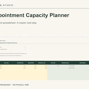 May include: A digital Appointment Capacity Planner spreadsheet by OPERIQ STUDIO. The interface features a dark green header row with columns for day, team, available slots, booked slots, minutes per slot, free slots, booked minutes, and record status.