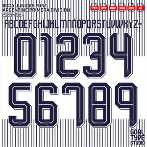 以下が含まれることがあります： Boca Juniors Font Argentine Primera Division 2026-2027と題されたデジタルフォントセット。濃い青色で縁取られた大文字と0から9までの数字が並び、各数字の基部には小さなエンブレムが配置され、垂直のストライプが入った白い背景に表示されています。
