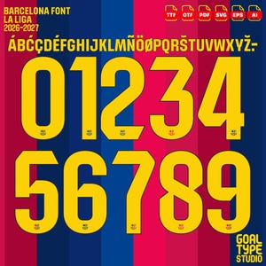 Pode incluir: Um conjunto de arquivos de fonte digital intitulado Barcelona Font La Liga 2026-2027, apresentando números amarelos de 0 a 9 com um pequeno brasão na base, e um alfabeto completo incluindo caracteres especiais, nos formatos TTF, OTF, PDF, SVG, EPS e AI.
