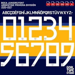 以下が含まれることがあります： Boca Juniors Font Argentine Primera División 2026-2027と題されたデジタルフォントセット。青と黄色の背景に、白い大文字と0から9までの数字が表示されており、各数字の基部には小さな盾のロゴが配置されています。