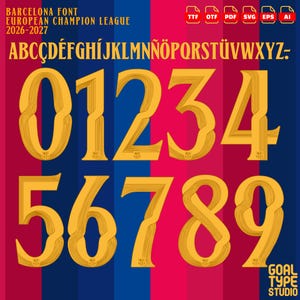 Pode incluir: Um conjunto de fontes digitais intitulado Barcelona Font European Champion League 2026-2027, apresentando letras A-Z e números 0-9 na cor dourada com acabamento texturizado. O fundo consiste em listras verticais azuis e vermelhas.