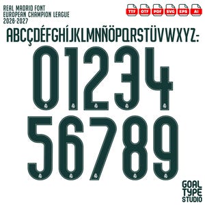 Può includere: Un set di caratteri digitali intitolato Real Madrid Font European Champion League 2026-2027, con lettere maiuscole e numeri da 0 a 9 in verde scuro con un piccolo emblema alla base, disponibile nei formati TTF, OTF, PDF, SVG, EPS e AI.