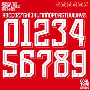 以下が含まれることがあります： Benfica Font Europa League 2026-2027と題されたデジタルフォントセット。赤い背景に白い輪郭の文字と数字が配置されています。セットにはTTF、OTF、PDF、SVG、EPS、AIのファイル形式が含まれ、Goal Type Studioというテキストが記載されています。