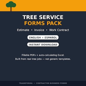 Könnte beinhalten: Ein digitales Formularpaket für Baumpflegedienste mit orangefarbenem Rand und grünem Baumsymbol. Der Text umfasst TREE SERVICE FORMS PACK, Estimate, Invoice, Work Contract, ENGLISH + ESPAÑOL, INSTANT DOWNLOAD und Tradeforma.