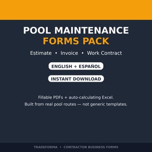 Preventivo, fattura e contratto per la manutenzione della piscina, bilingue inglese-spagnolo, PDF e Excel compilabili, moduli per i servizi della piscina.