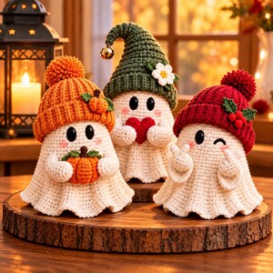 Crochet Ghost Pattern PDF, 3 Halloween Amigurumi Ghosts, Pumpkin Heart and Holly Beanie Trio.