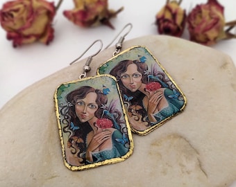 Paper print earrings, Hummingbird earrings, Illustration earrings, Dangly resin earrings, Handmade epoxy jewelry, Funky lightweight earrings