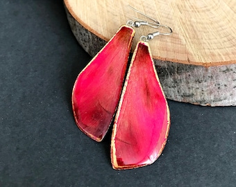 Long tulip petals earrings, Dry pink flower jewelry, Pressed plant in resin, Preserved leaves accessory, Handmade botanical gift for her