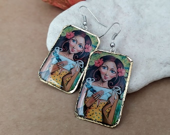 Art paper print earrings, Illustration earrings, Dangly resin earrings, Handmade epoxy jewelry, Lightweight earrings,Love letter, Decoupage