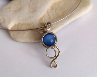 Cat eye stone necklace,Wire wrapped pendant, Blue Natural stone jewelry, Silver wire necklace, Stainless steel ornament pendant, Mother gift