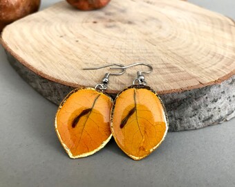 Orange dangle bougainvillea earrings, Real pressed flower jewelry, Mediterranean plant jewelry, Gift for mother, Botanical unique earrings