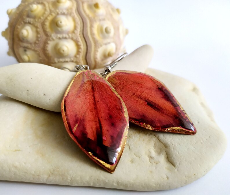 Personalized leaf accessory Real Pressed Flower Jewelry Minimalism Drop Earrings Big Dangly Resin Earrings Red Tulip Flower Earrings