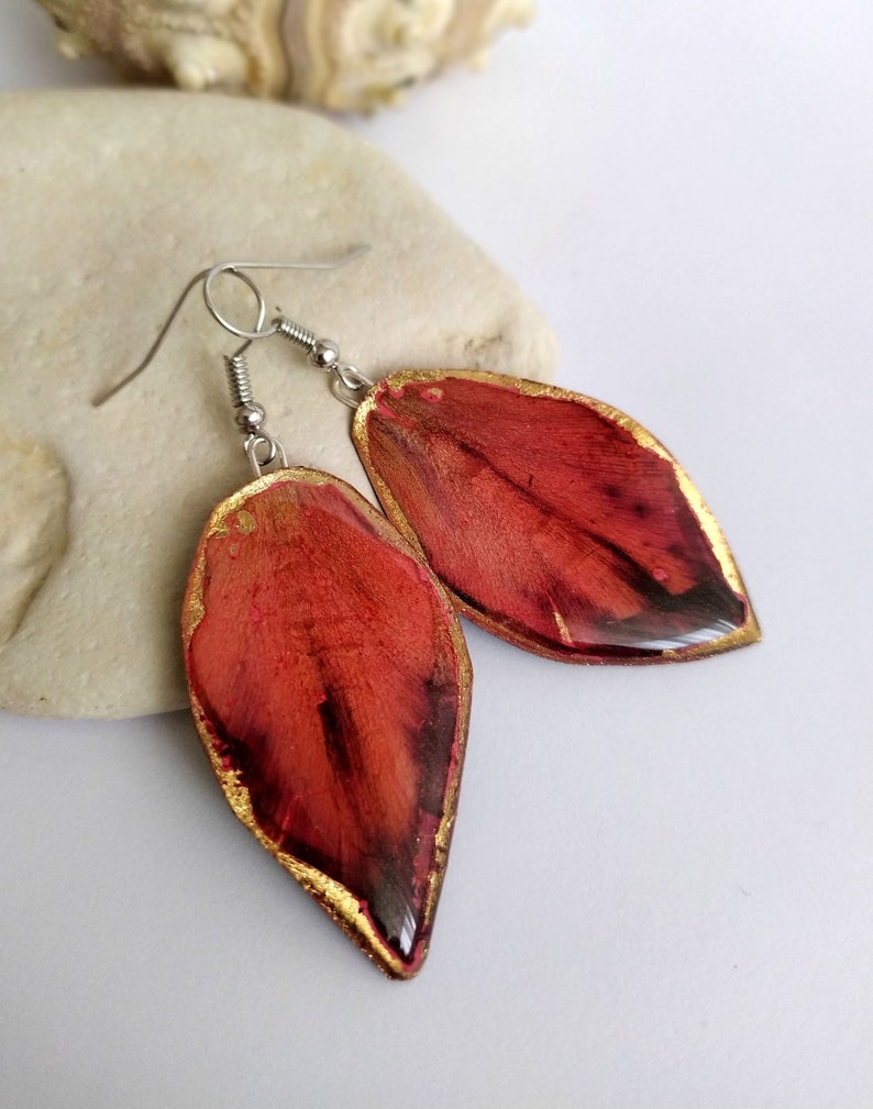 Personalized leaf accessory Real Pressed Flower Jewelry Minimalism Drop Earrings Big Dangly Resin Earrings Red Tulip Flower Earrings