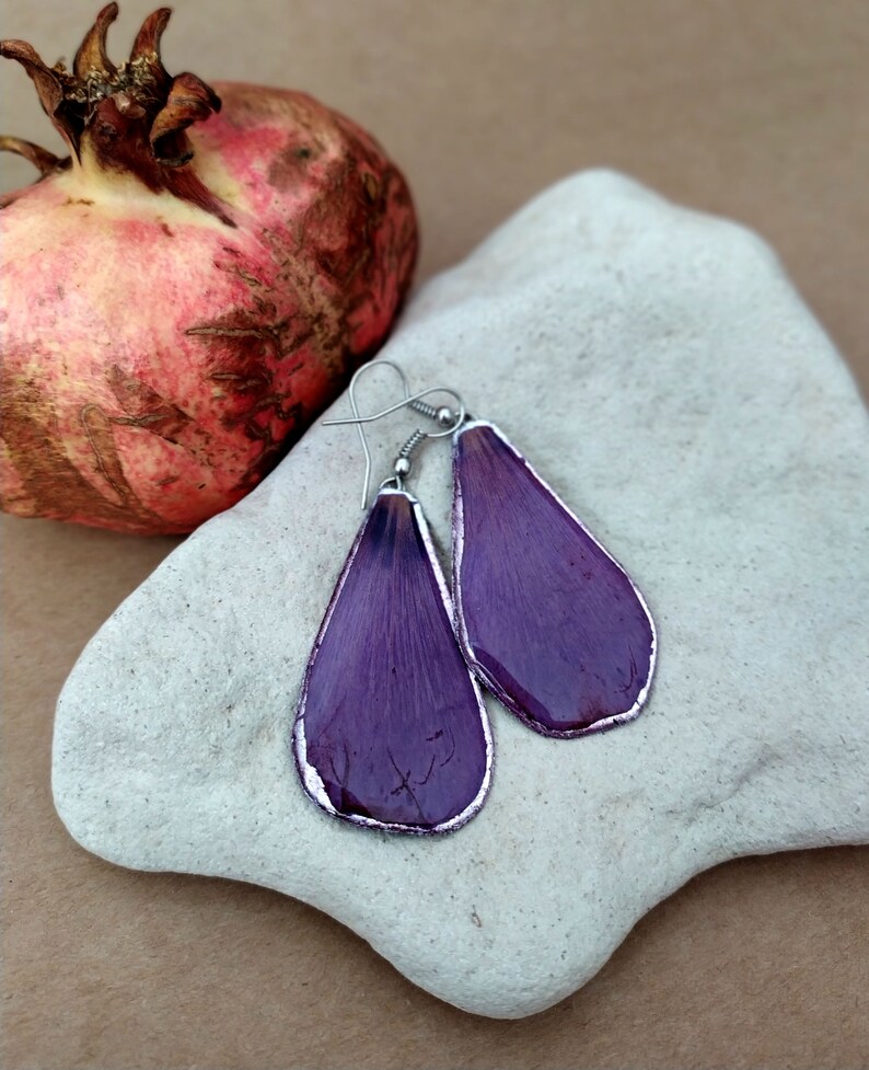 Dangly hibiscus earrings, Pressed flower earrings, Bohemian purple plant jewelry, Preserved flower gift, Real dry petals earrings for mother image 9