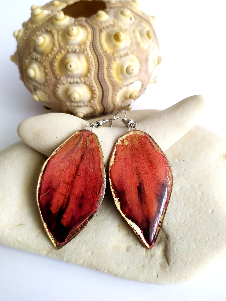 Personalized leaf accessory Real Pressed Flower Jewelry Minimalism Drop Earrings Big Dangly Resin Earrings Red Tulip Flower Earrings