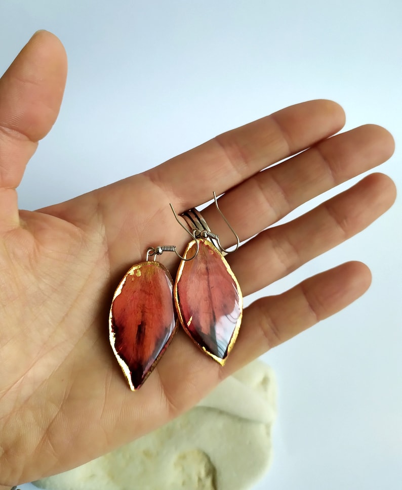 Personalized leaf accessory Real Pressed Flower Jewelry Minimalism Drop Earrings Big Dangly Resin Earrings Red Tulip Flower Earrings