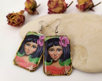 Paper print earrings, Picture earrings, Decoupage print gift, Dangly resin earrings, Unique handmade jewelry, Girl with watermelon earrings