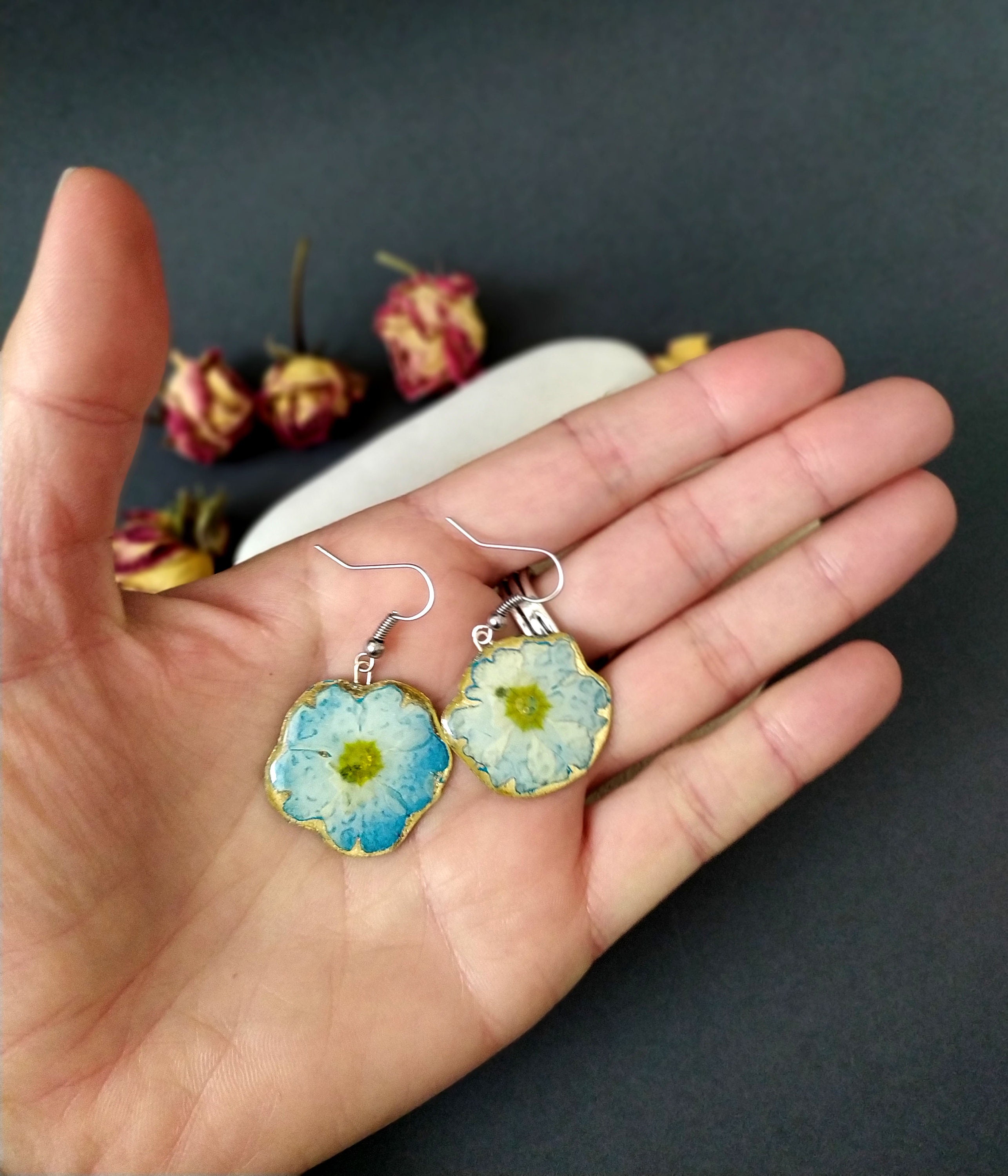 Blue pressed flower earrings Dried floral earrings in resin Etsy