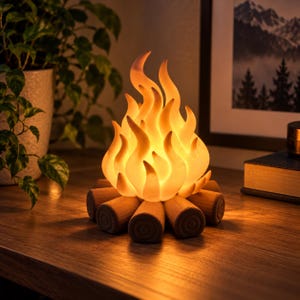 Könnte beinhalten: Eine dekorative Lampe in Form eines Lagerfeuers mit einem durchscheinenden, leuchtend orangefarbenen Flammenelement auf einer Basis aus geformten braunen Holzscheiten. Das Licht strahlt warm und sanft und erzeugt einen realistischen Flammeneffekt.